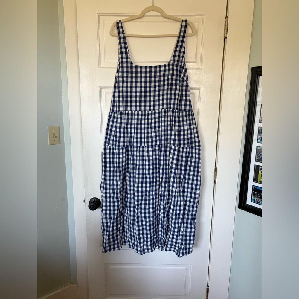 Ava & Viv Blue and White Gingham Midi Dress W/ Tie Belt & Pockets NWT